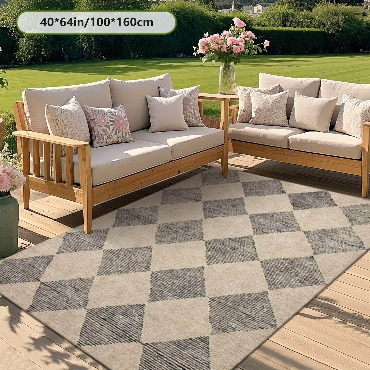 Luxury Fleece-like Outdoor Mat with Checkered Black & White Print - Soft Plush Texture, Durable Rubber Backing, RV Camping - Beige & Black Rectangular Floor Mat, Rug Living Room Large Local Warehouse, Boho Hallway Carpet, Outdoor Rug For Patio