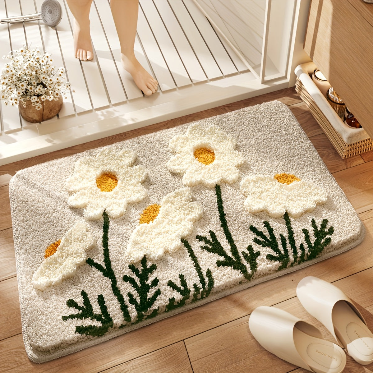1pc of Plush Bathroom Mat with a Floral Pattern, Featuring a High-Low Pile for a Three-Dimensional Feel. This Fluffy, Soft, Non-Slip, And Absorbent Mat Is Perfect for Home Use in Bathrooms, Toilets, And As Autumn Decor.