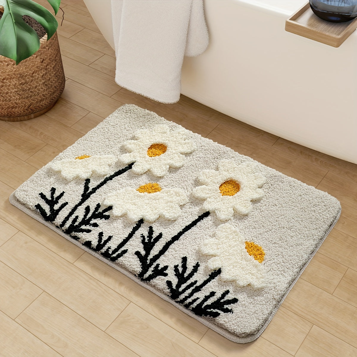 1pc of Plush Bathroom Mat with a Floral Pattern, Featuring a High-Low Pile for a Three-Dimensional Feel. This Fluffy, Soft, Non-Slip, And Absorbent Mat Is Perfect for Home Use in Bathrooms, Toilets, And As Autumn Decor.