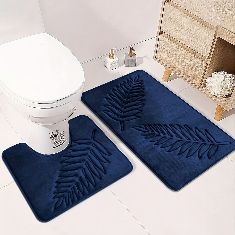 Soft Memory Sponge Mat 2pcs Soft Absorbent Non-slip Simple Solid Color Fern Leaf Embossed Memory Sponge Floor Mat - Bathroom Floor Mat Home