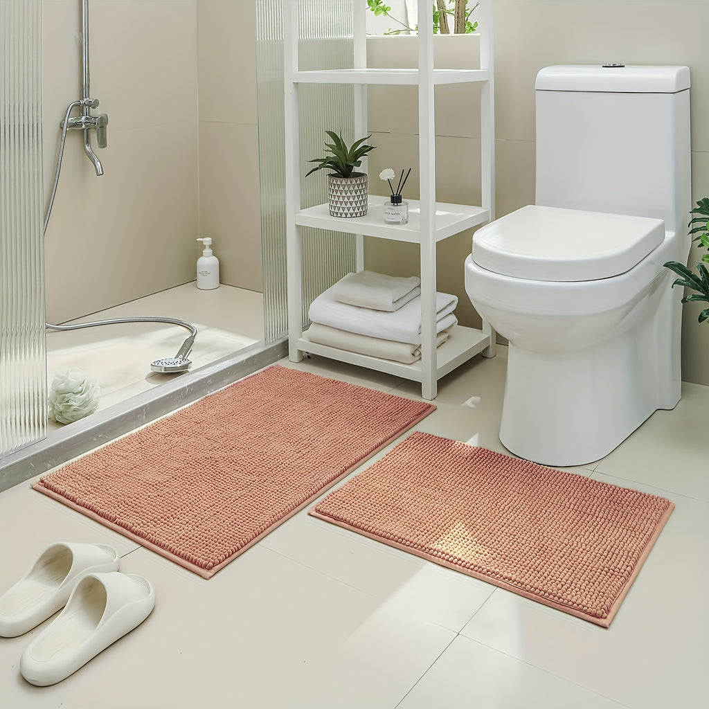 2pcs(16*24 Inch+20*32 Inch)Chenille Bath Mat Non-Slip Soft Absorbent Shower Rug Suitable for Bathtub, Toilet, Shower, Entryway - Machine Washable Floor Mat, Thick Cushioning, Quiet Step, Fits Small Bathrooms
