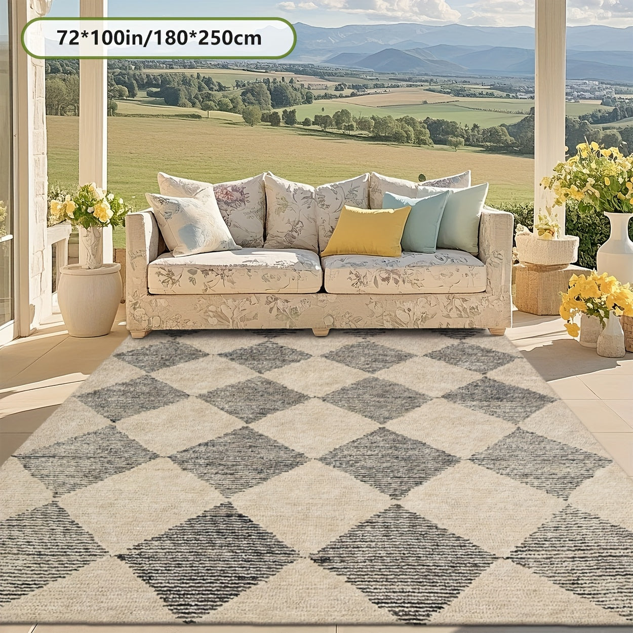 Luxury Fleece-like Outdoor Mat with Checkered Black & White Print - Soft Plush Texture, Durable Rubber Backing, RV Camping - Beige & Black Rectangular Floor Mat, Rug Living Room Large Local Warehouse, Boho Hallway Carpet, Outdoor Rug For Patio