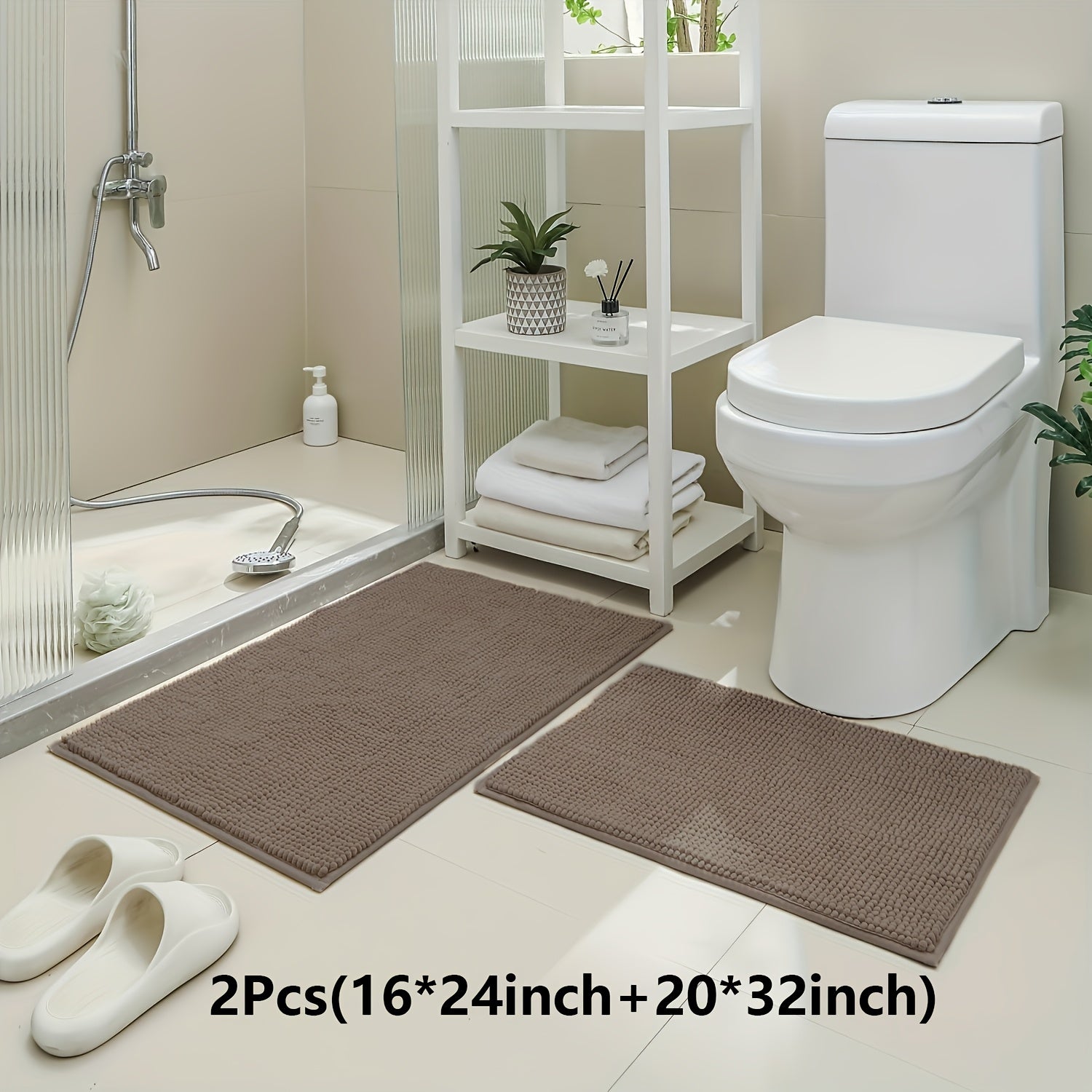 2pcs(16*24 Inch+20*32 Inch)Chenille Bath Mat Non-Slip Soft Absorbent Shower Rug Suitable for Bathtub, Toilet, Shower, Entryway - Machine Washable Floor Mat, Thick Cushioning, Quiet Step, Fits Small Bathrooms