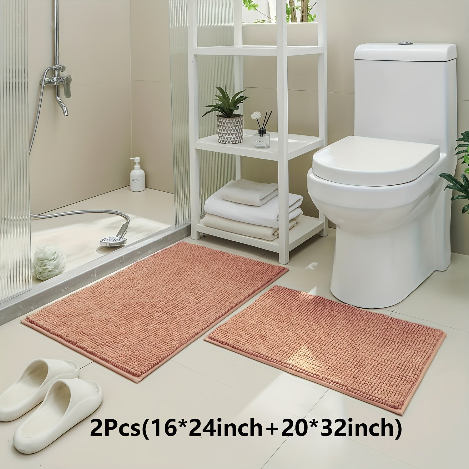 2pcs(16*24 Inch+20*32 Inch)Chenille Bath Mat Non-Slip Soft Absorbent Shower Rug Suitable for Bathtub, Toilet, Shower, Entryway - Machine Washable Floor Mat, Thick Cushioning, Quiet Step, Fits Small Bathrooms