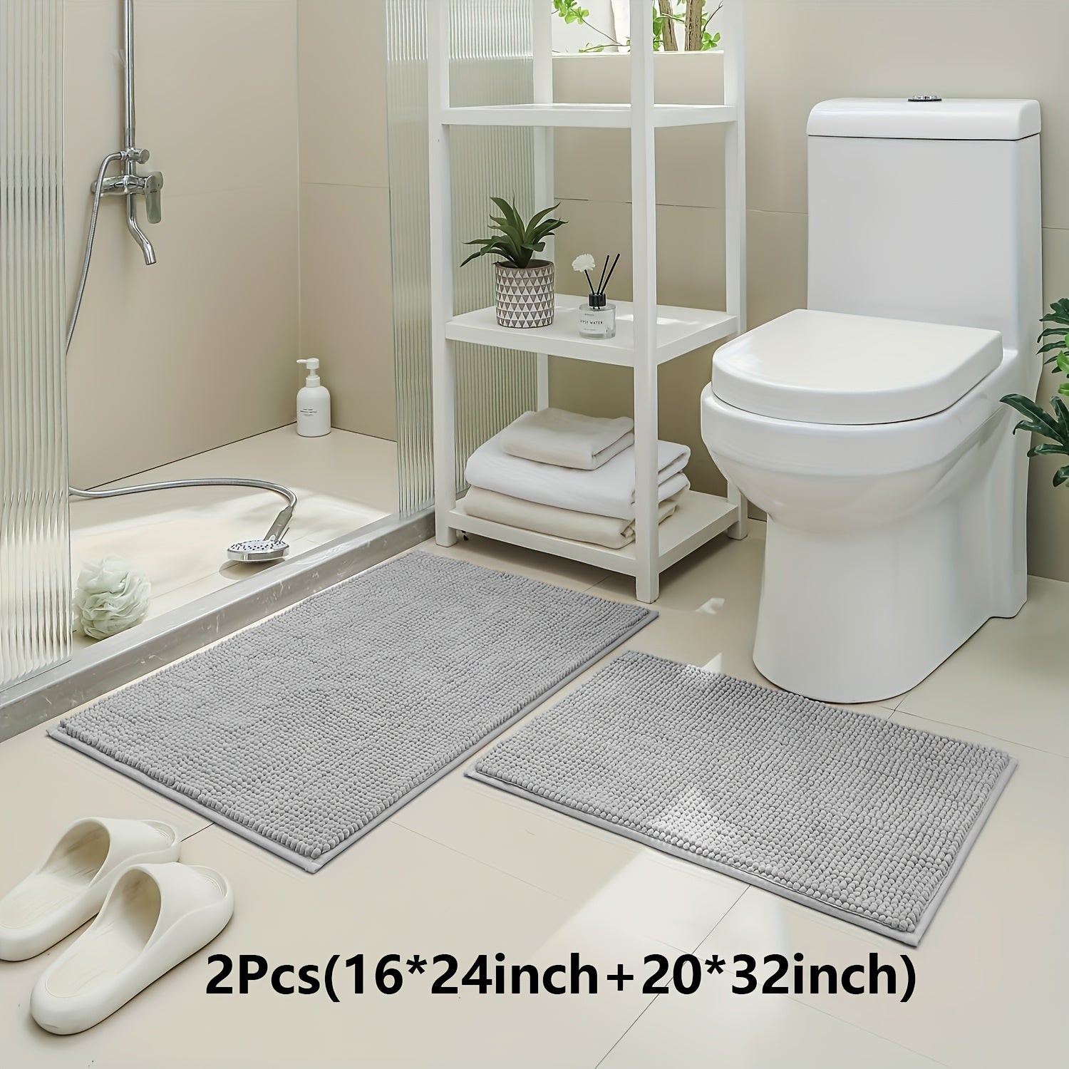 2pcs(16*24 Inch+20*32 Inch)Chenille Bath Mat Non-Slip Soft Absorbent Shower Rug Suitable for Bathtub, Toilet, Shower, Entryway - Machine Washable Floor Mat, Thick Cushioning, Quiet Step, Fits Small Bathrooms