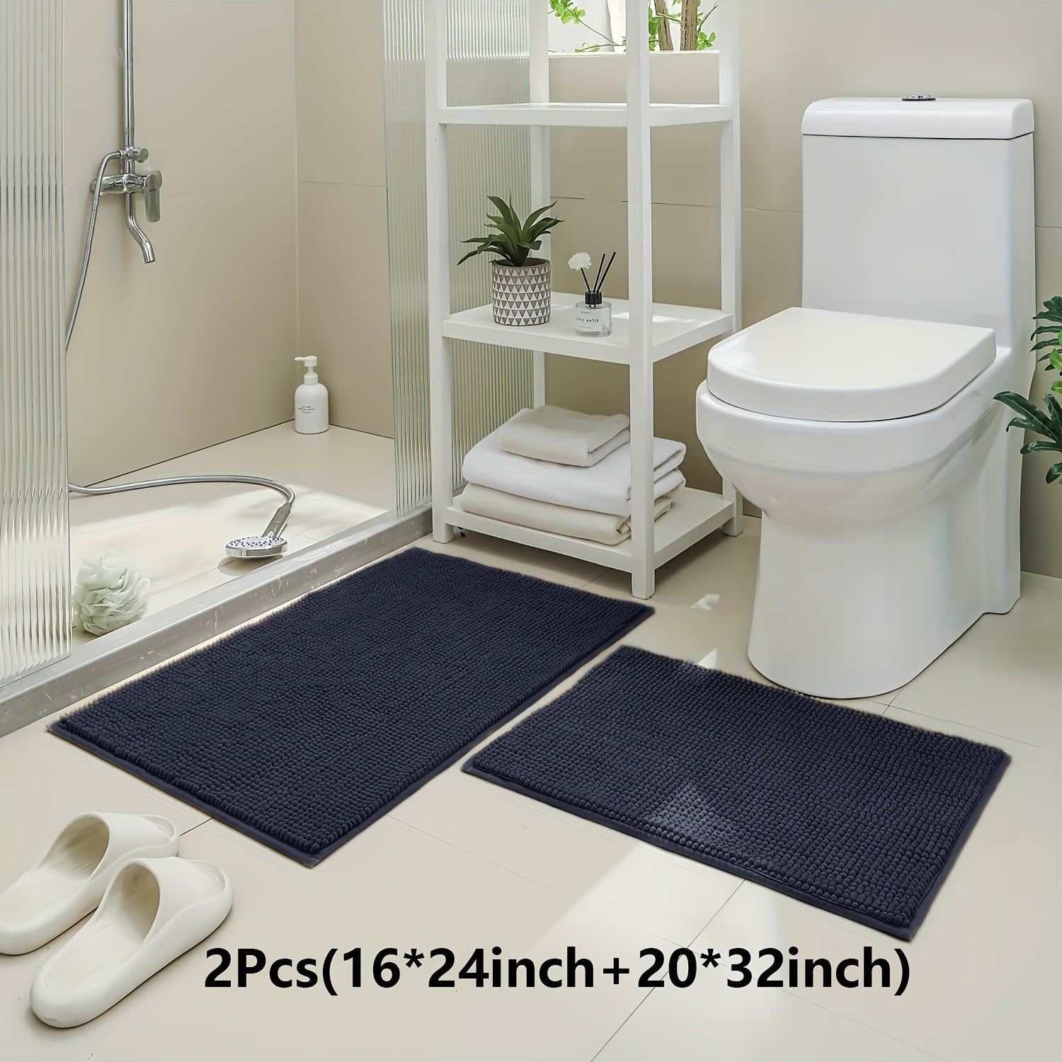 2pcs(16*24 Inch+20*32 Inch)Chenille Bath Mat Non-Slip Soft Absorbent Shower Rug Suitable for Bathtub, Toilet, Shower, Entryway - Machine Washable Floor Mat, Thick Cushioning, Quiet Step, Fits Small Bathrooms