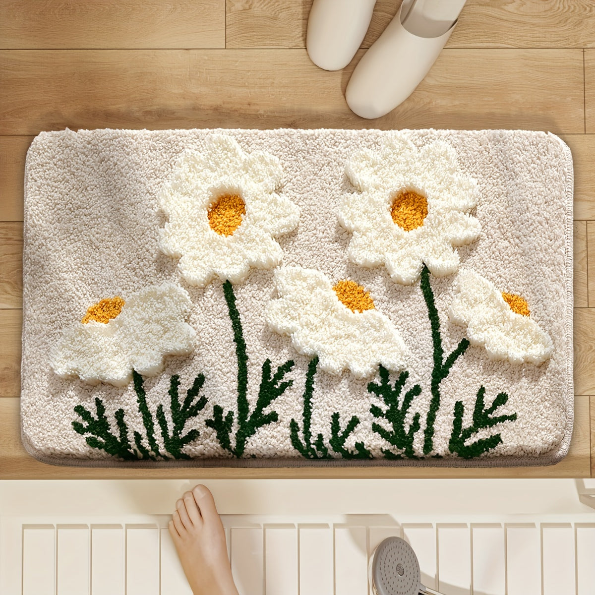 1pc of Plush Bathroom Mat with a Floral Pattern, Featuring a High-Low Pile for a Three-Dimensional Feel. This Fluffy, Soft, Non-Slip, And Absorbent Mat Is Perfect for Home Use in Bathrooms, Toilets, And As Autumn Decor.