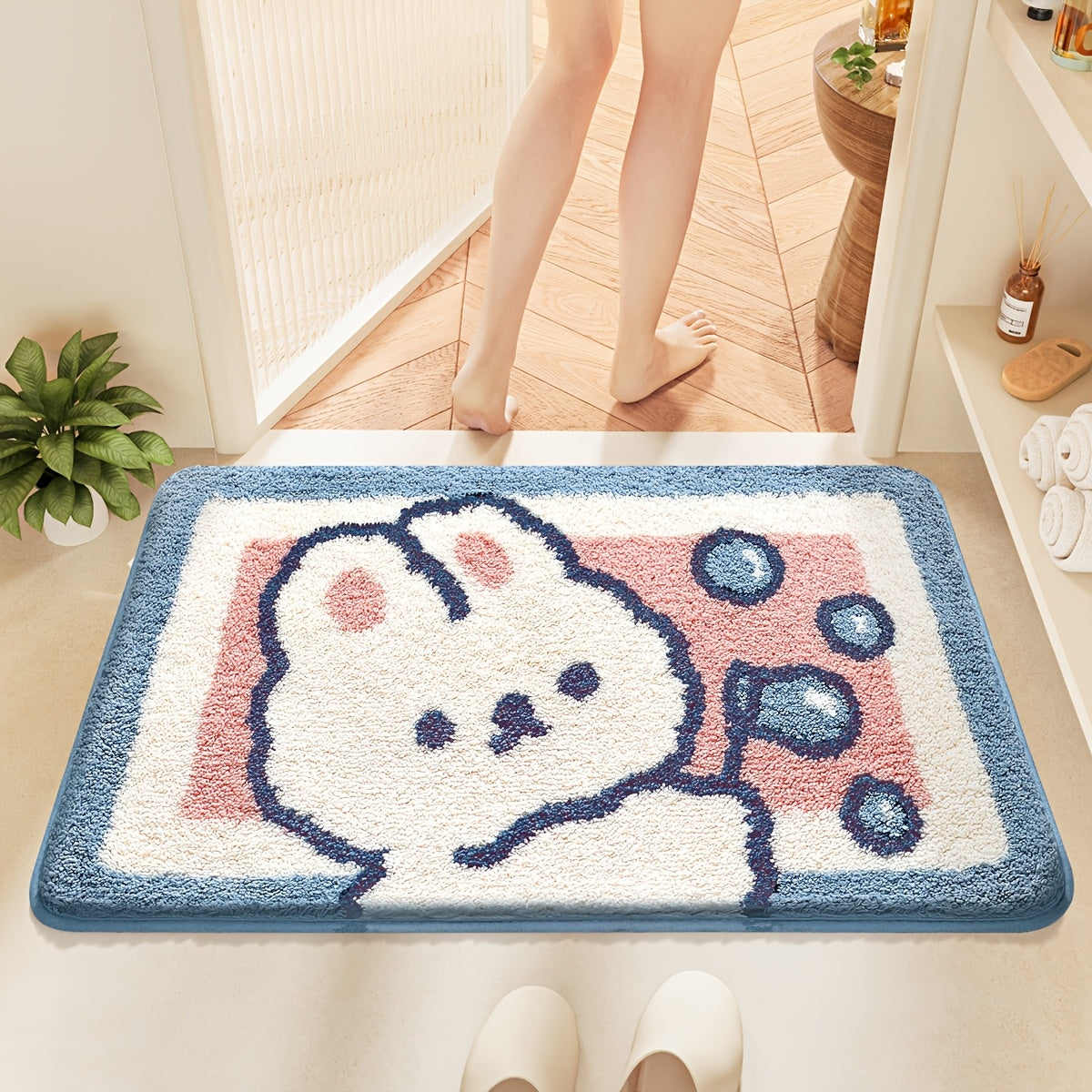 Cute Rabbit Bath Mat Dajiang 1pc Plush Bathroom Mat - Cute Cartoon Rabbit Design, Thick Non-Slip Absorbent Bath Mat for Home Decor, Machine Washable Polyester, Ideal for Spring & Fall, Perfect Christmas Gift, Bathroom Mat Set, Bathroom Accessory