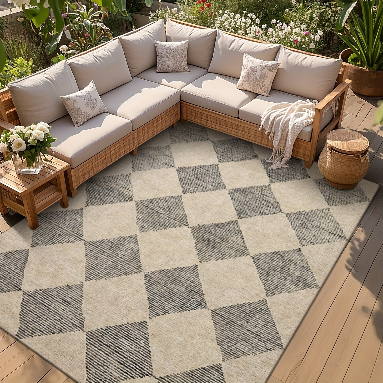 Luxury Fleece-like Outdoor Mat with Checkered Black & White Print - Soft Plush Texture, Durable Rubber Backing, RV Camping - Beige & Black Rectangular Floor Mat, Rug Living Room Large Local Warehouse, Boho Hallway Carpet, Outdoor Rug For Patio