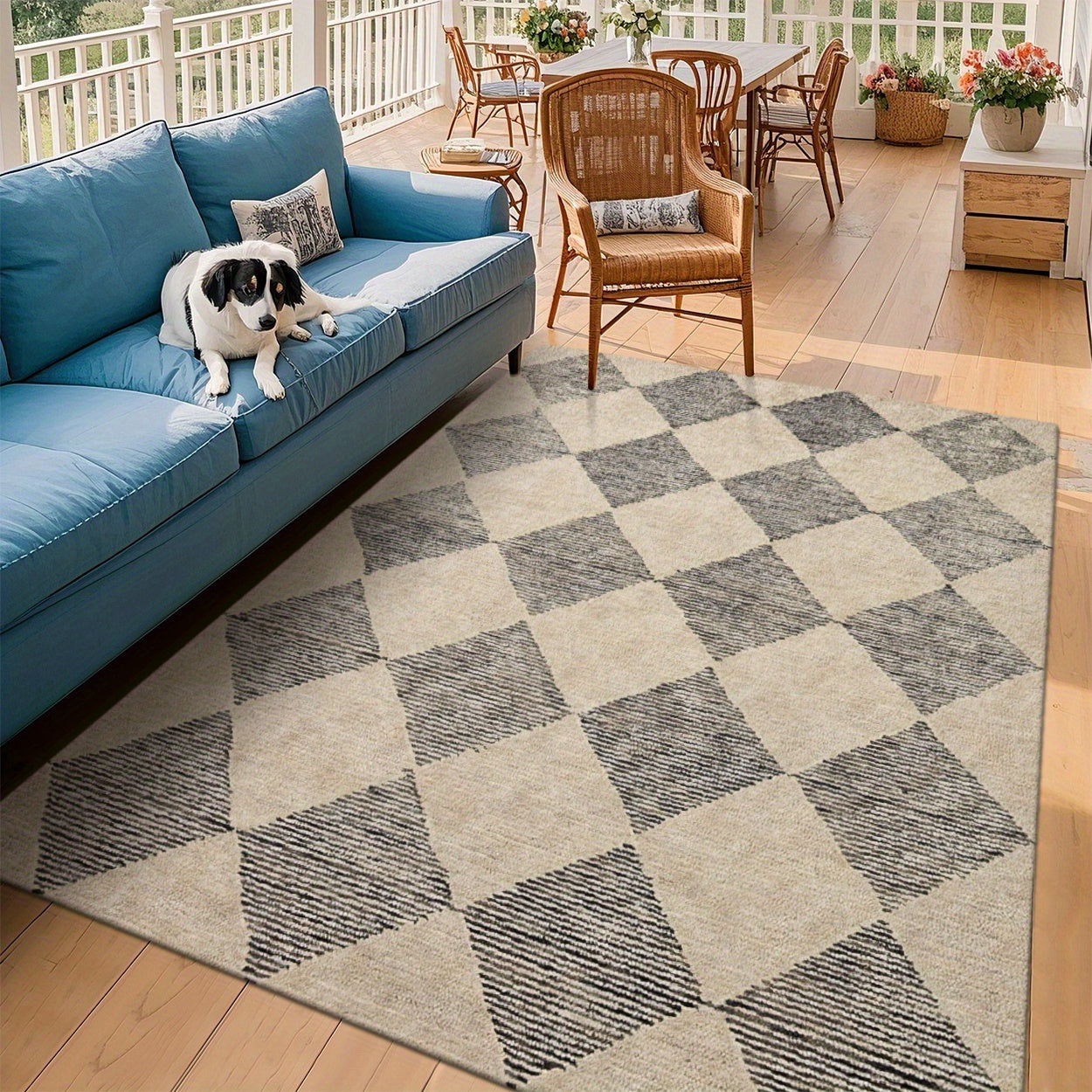 Luxury Fleece-like Outdoor Mat with Checkered Black & White Print - Soft Plush Texture, Durable Rubber Backing, RV Camping - Beige & Black Rectangular Floor Mat, Rug Living Room Large Local Warehouse, Boho Hallway Carpet, Outdoor Rug For Patio