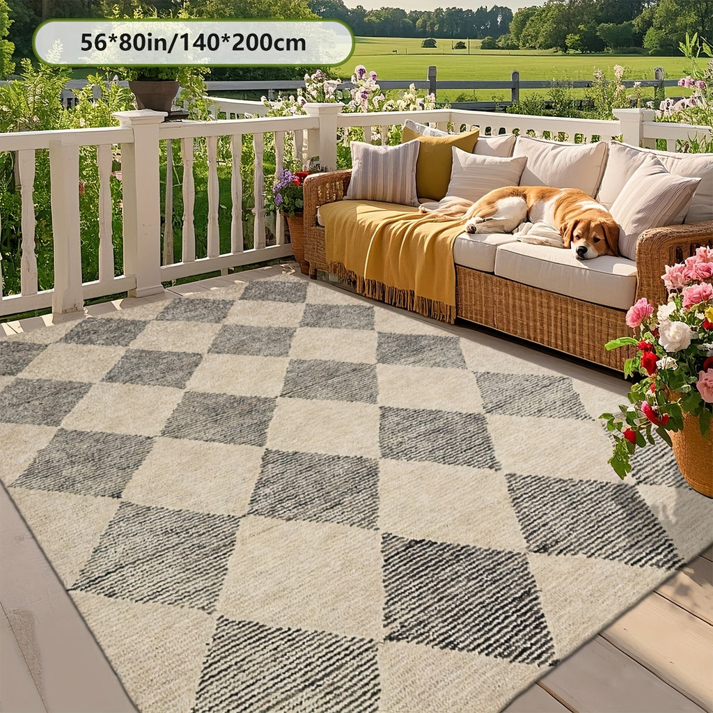 Luxury Fleece-like Outdoor Mat with Checkered Black & White Print - Soft Plush Texture, Durable Rubber Backing, RV Camping - Beige & Black Rectangular Floor Mat, Rug Living Room Large Local Warehouse, Boho Hallway Carpet, Outdoor Rug For Patio