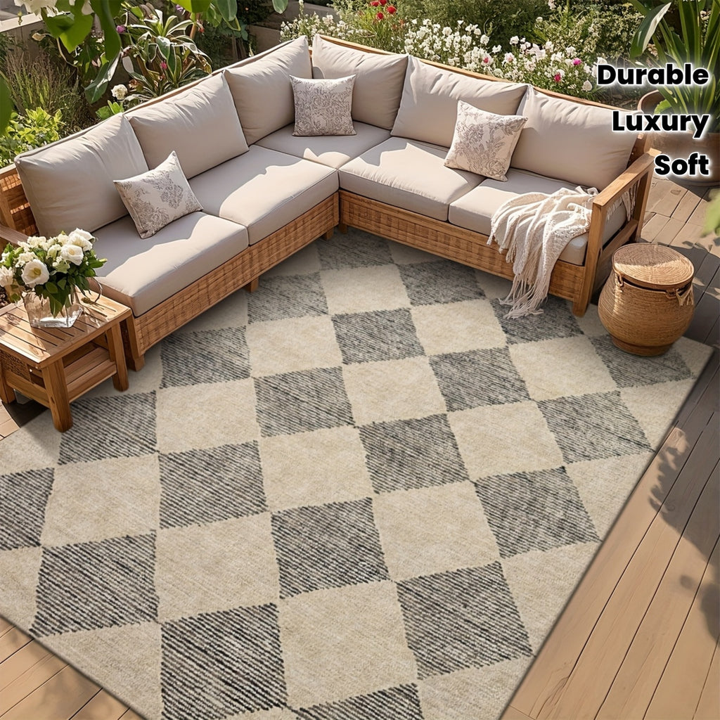 Luxury Fleece-like Outdoor Mat with Checkered Black & White Print - Soft Plush Texture, Durable Rubber Backing, RV Camping - Beige & Black Rectangular Floor Mat, Rug Living Room Large Local Warehouse, Boho Hallway Carpet, Outdoor Rug For Patio