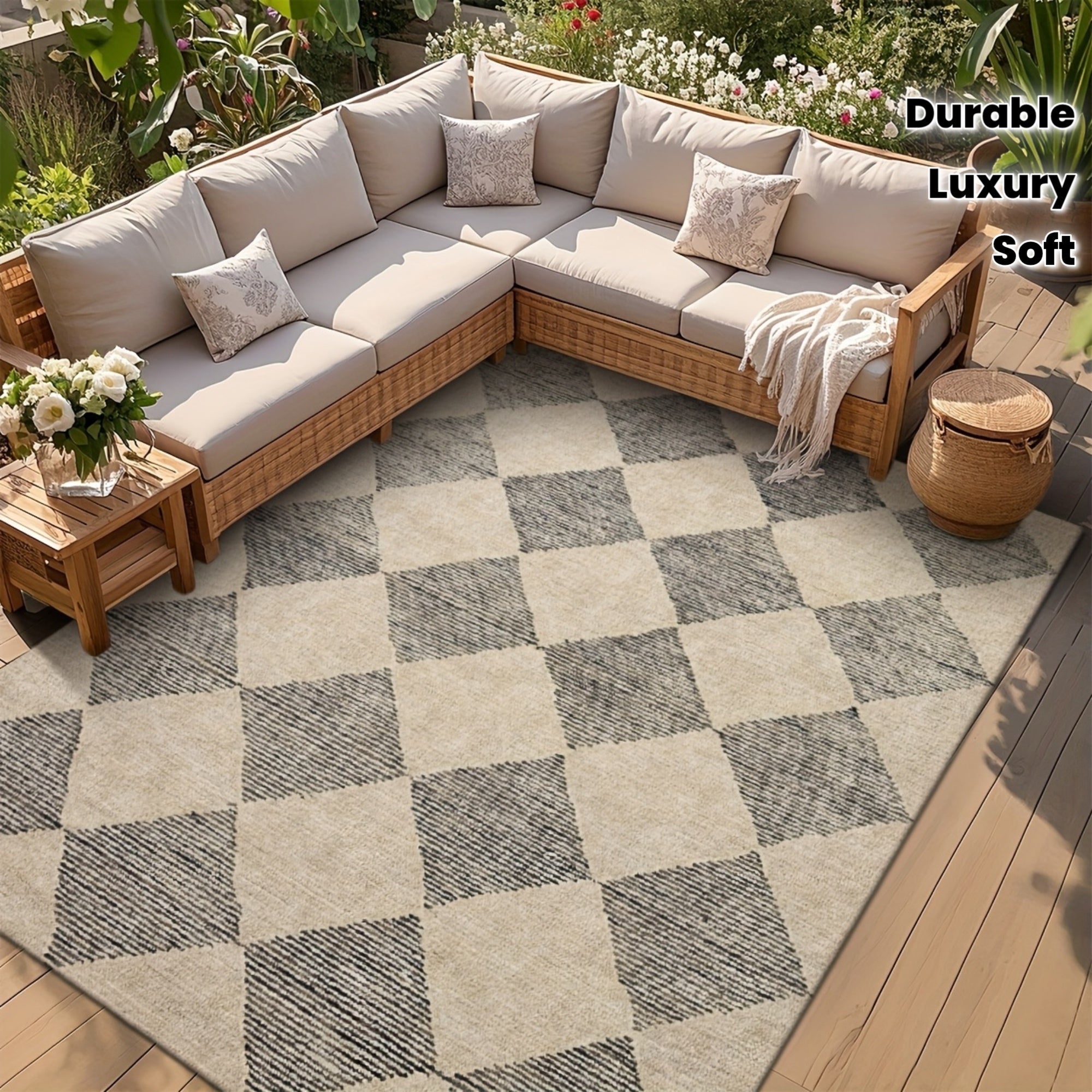 Luxury Fleece-like Outdoor Mat with Checkered Black & White Print - Soft Plush Texture, Durable Rubber Backing, RV Camping - Beige & Black Rectangular Floor Mat, Rug Living Room Large Local Warehouse, Boho Hallway Carpet, Outdoor Rug For Patio