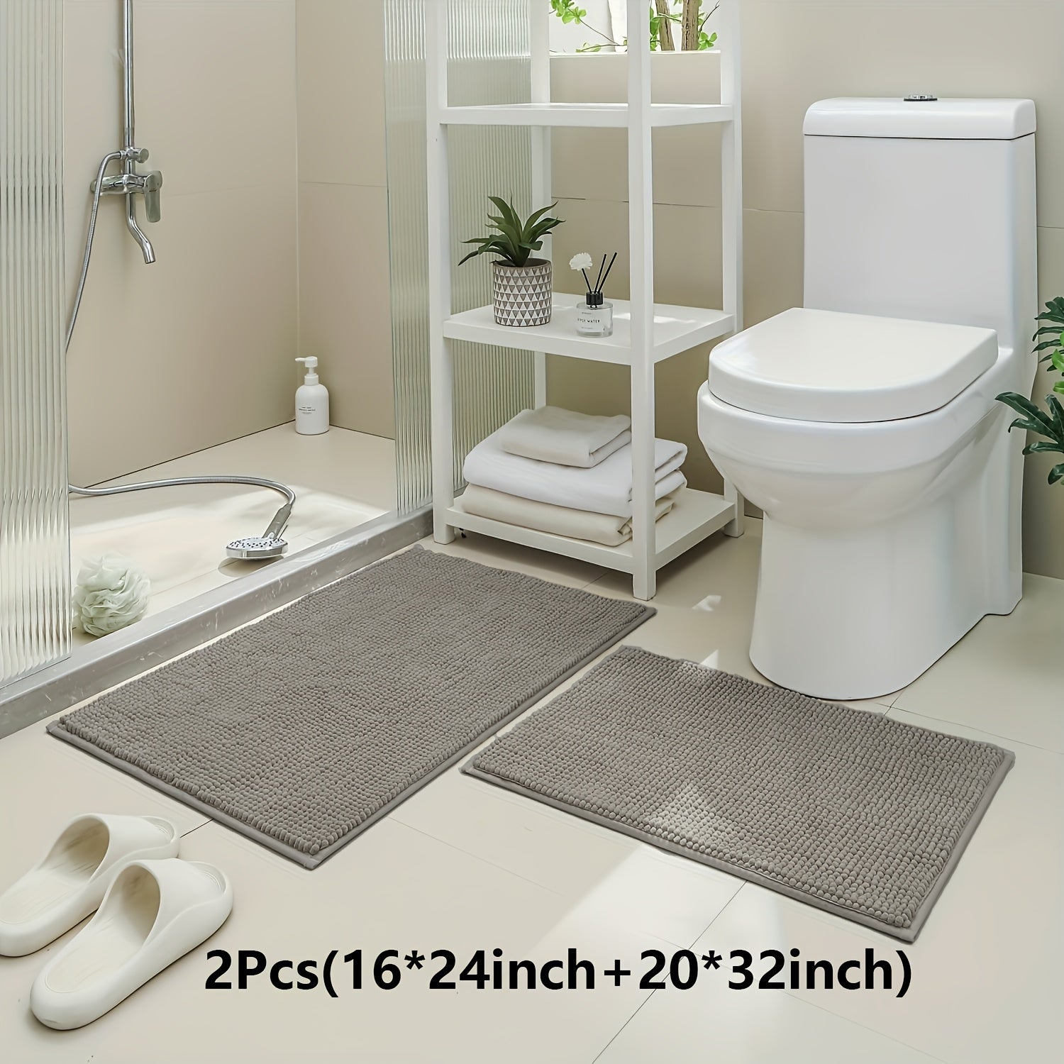 2pcs(16*24 Inch+20*32 Inch)Chenille Bath Mat Non-Slip Soft Absorbent Shower Rug Suitable for Bathtub, Toilet, Shower, Entryway - Machine Washable Floor Mat, Thick Cushioning, Quiet Step, Fits Small Bathrooms