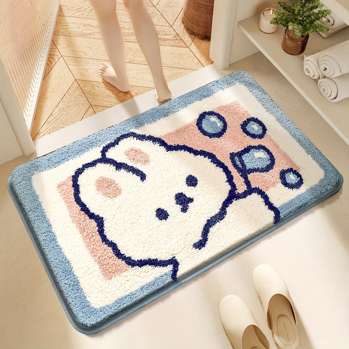 Cute Rabbit Bath Mat Dajiang 1pc Plush Bathroom Mat - Cute Cartoon Rabbit Design, Thick Non-Slip Absorbent Bath Mat for Home Decor, Machine Washable Polyester, Ideal for Spring & Fall, Perfect Christmas Gift, Bathroom Mat Set, Bathroom Accessory