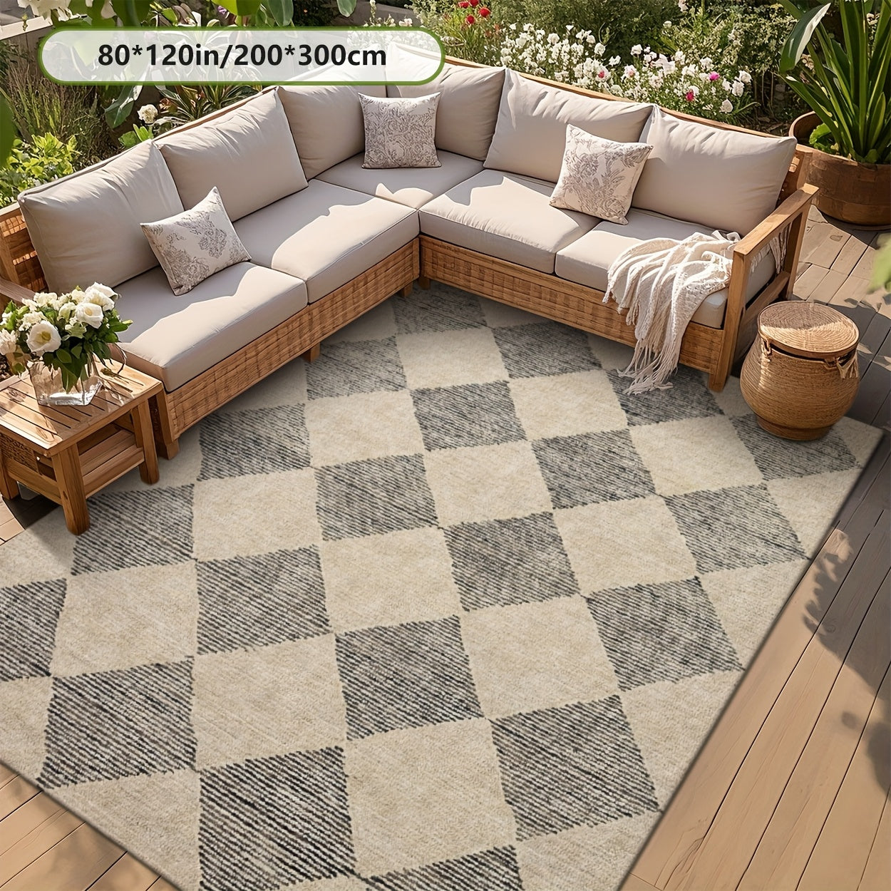 Luxury Fleece-like Outdoor Mat with Checkered Black & White Print - Soft Plush Texture, Durable Rubber Backing, RV Camping - Beige & Black Rectangular Floor Mat, Rug Living Room Large Local Warehouse, Boho Hallway Carpet, Outdoor Rug For Patio