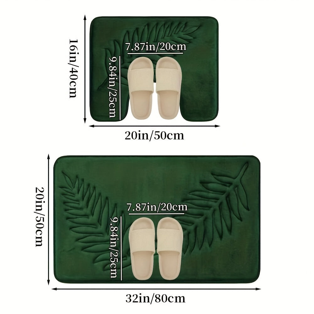 Soft Memory Sponge Mat 2pcs Soft Absorbent Non-slip Simple Solid Color Fern Leaf Embossed Memory Sponge Floor Mat - Bathroom Floor Mat Home