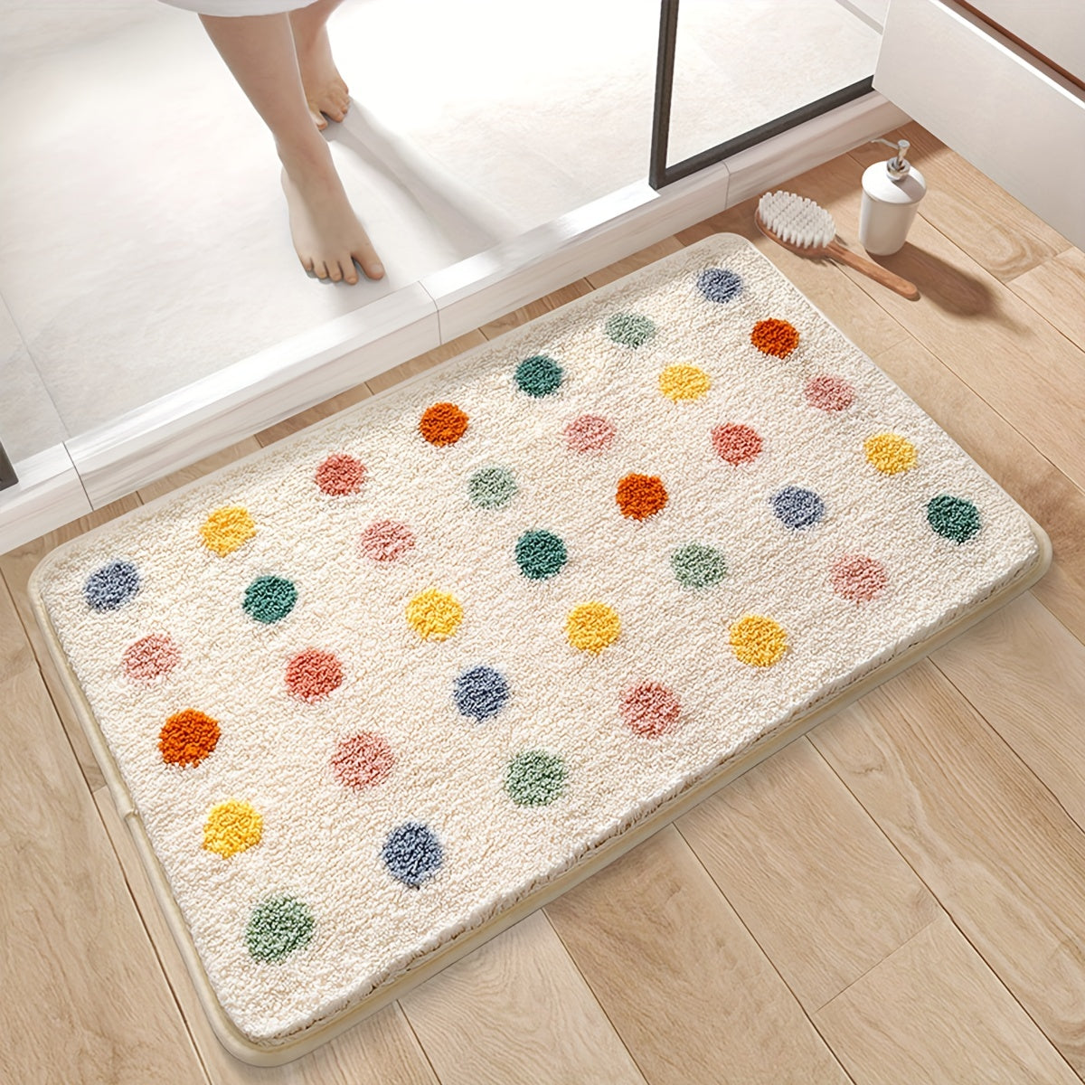 1pc Dajiang Plush Bath Mat - Colorful Polka Dot Design, Thick Non-Slip Absorbent Polyester Mat for Bathroom, Toilet, and Home Decor, Machine Washable, Ideal Christmas Gift, Bathroom Mat, Bathroom Mat Yellow, Bath Mat, Bathroom Accessory
