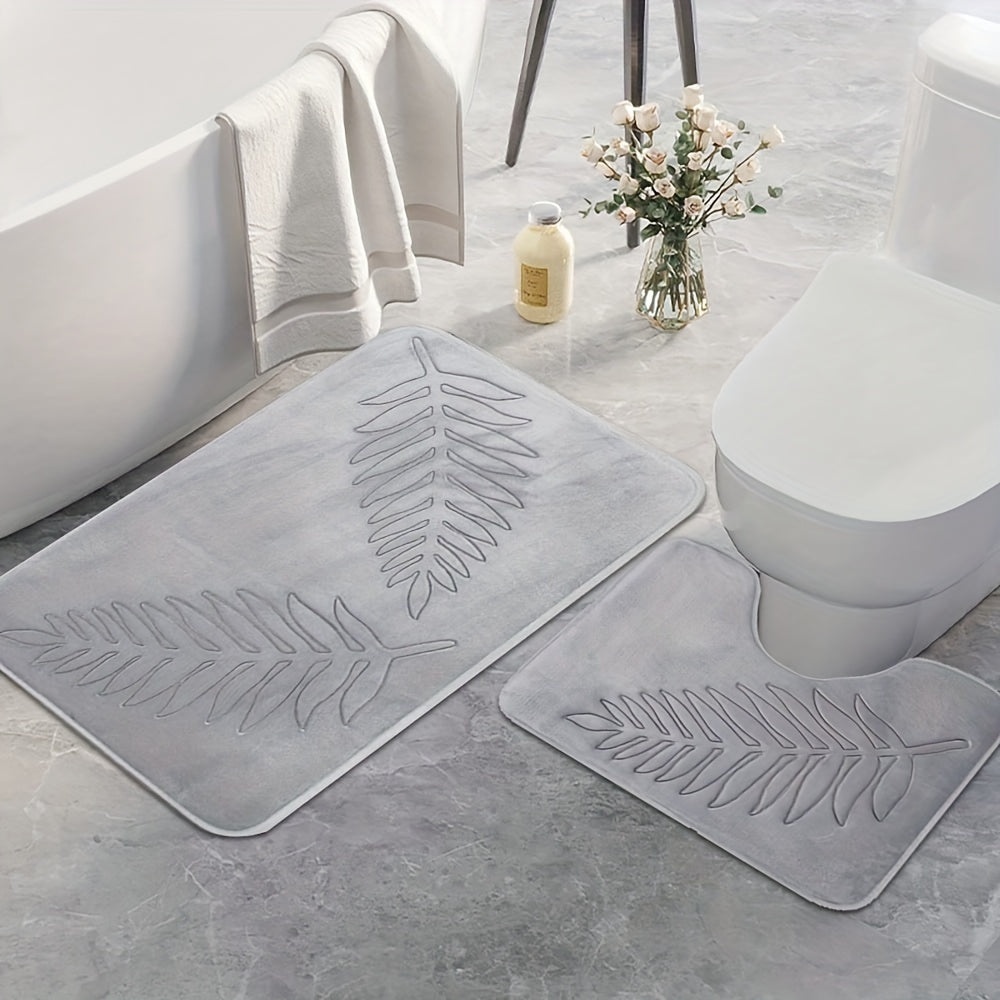 Soft Memory Sponge Mat 2pcs Soft Absorbent Non-slip Simple Solid Color Fern Leaf Embossed Memory Sponge Floor Mat - Bathroom Floor Mat Home