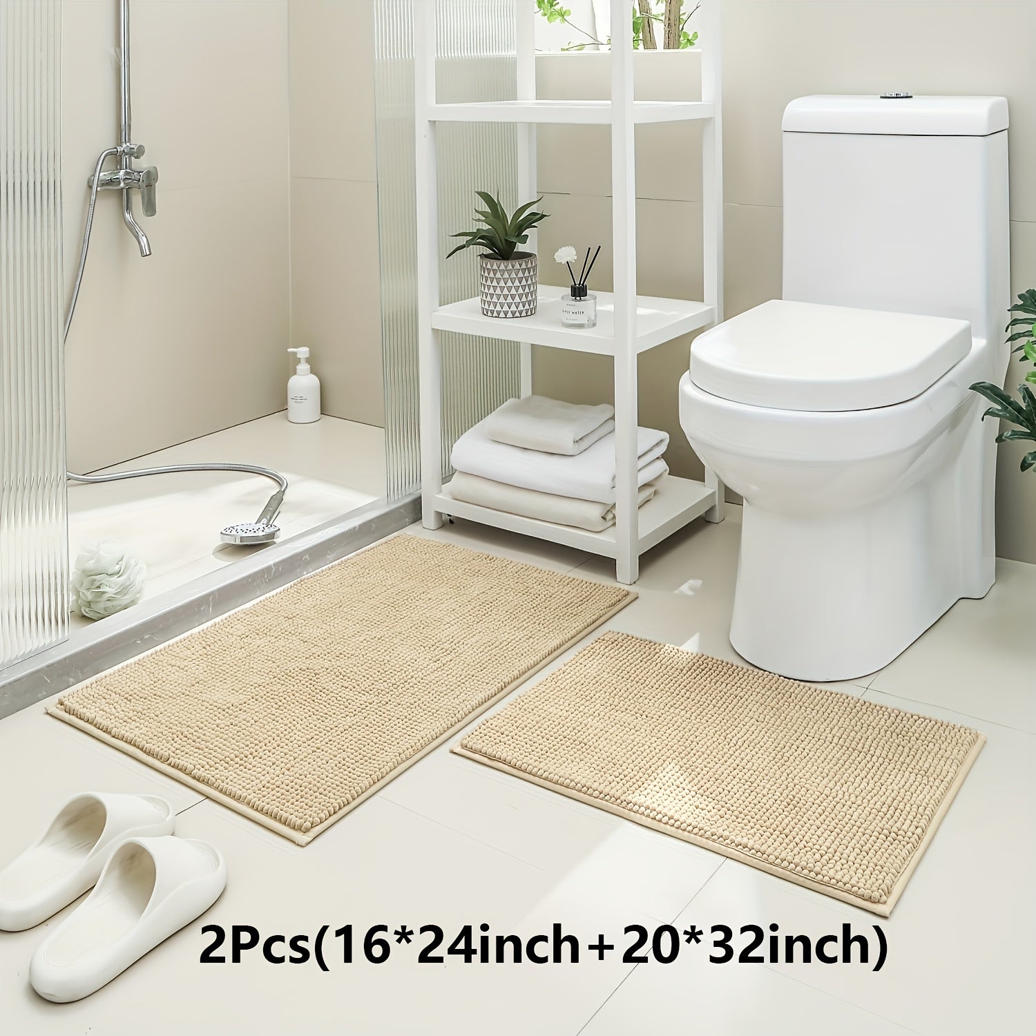 2pcs(16*24 Inch+20*32 Inch)Chenille Bath Mat Non-Slip Soft Absorbent Shower Rug Suitable for Bathtub, Toilet, Shower, Entryway - Machine Washable Floor Mat, Thick Cushioning, Quiet Step, Fits Small Bathrooms