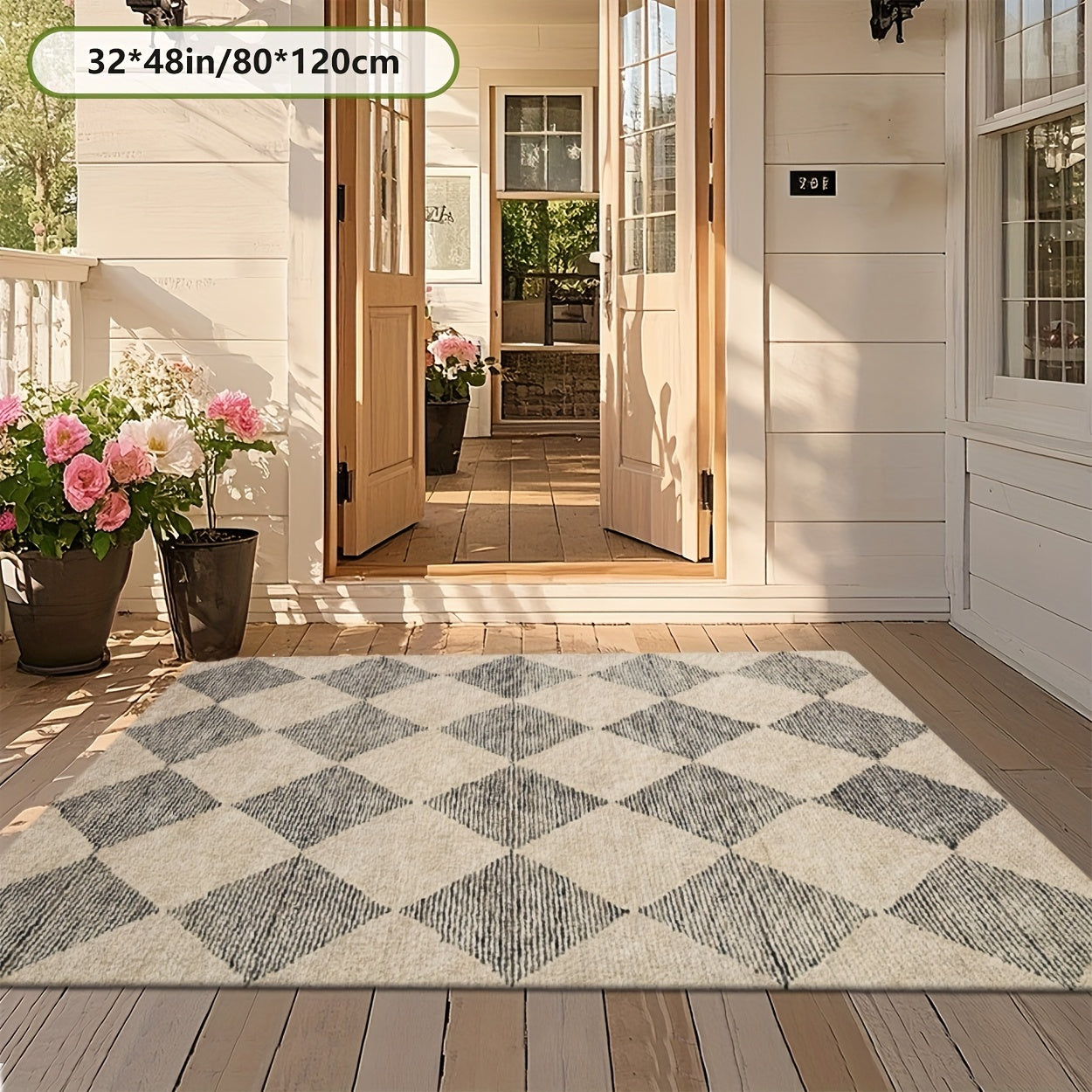 Luxury Fleece-like Outdoor Mat with Checkered Black & White Print - Soft Plush Texture, Durable Rubber Backing, RV Camping - Beige & Black Rectangular Floor Mat, Rug Living Room Large Local Warehouse, Boho Hallway Carpet, Outdoor Rug For Patio