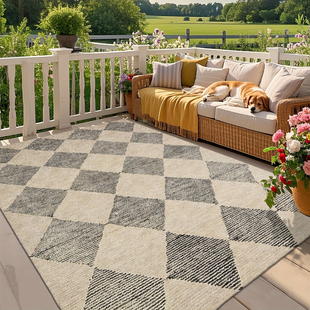 Luxury Fleece-like Outdoor Mat with Checkered Black & White Print - Soft Plush Texture, Durable Rubber Backing, RV Camping - Beige & Black Rectangular Floor Mat, Rug Living Room Large Local Warehouse, Boho Hallway Carpet, Outdoor Rug For Patio