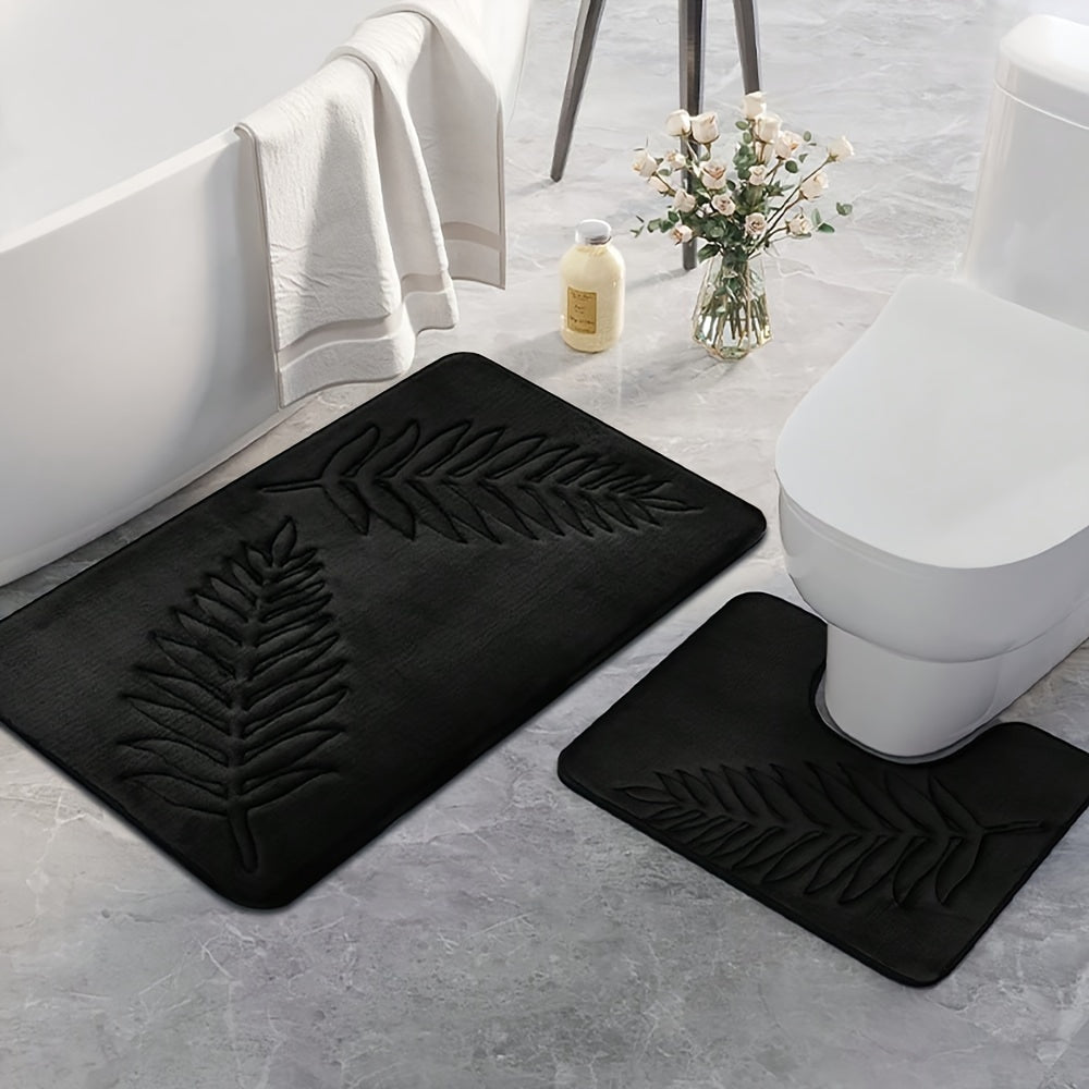 Soft Memory Sponge Mat 2pcs Soft Absorbent Non-slip Simple Solid Color Fern Leaf Embossed Memory Sponge Floor Mat - Bathroom Floor Mat Home